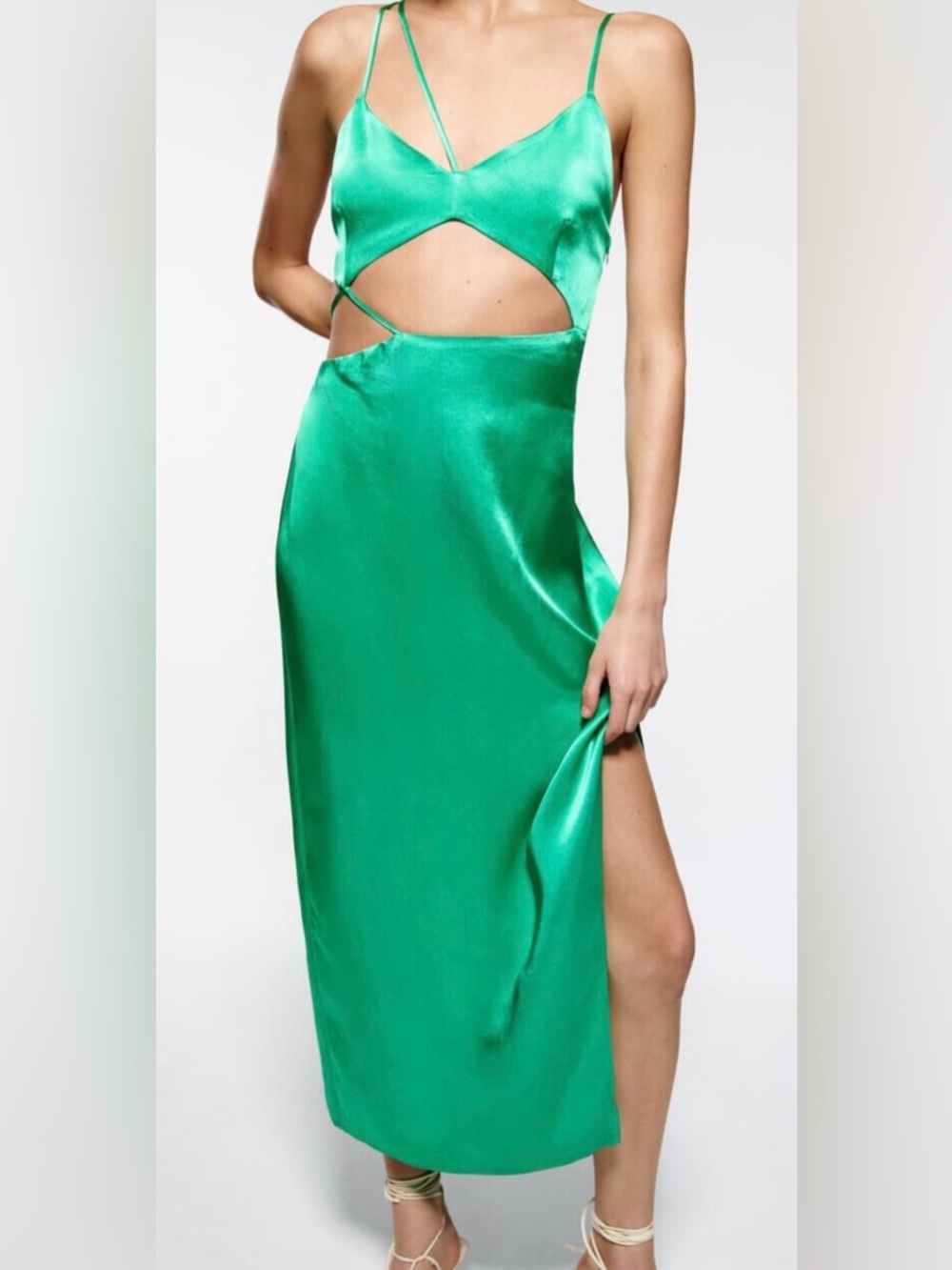 Zara Woman’s Asymmetrical Green Satin Cut Out Strappy Side Slit Midi Dress NWT
